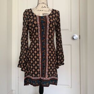 Mossimo Boho Long Sleeve Black Brown Printed Tunic Dress